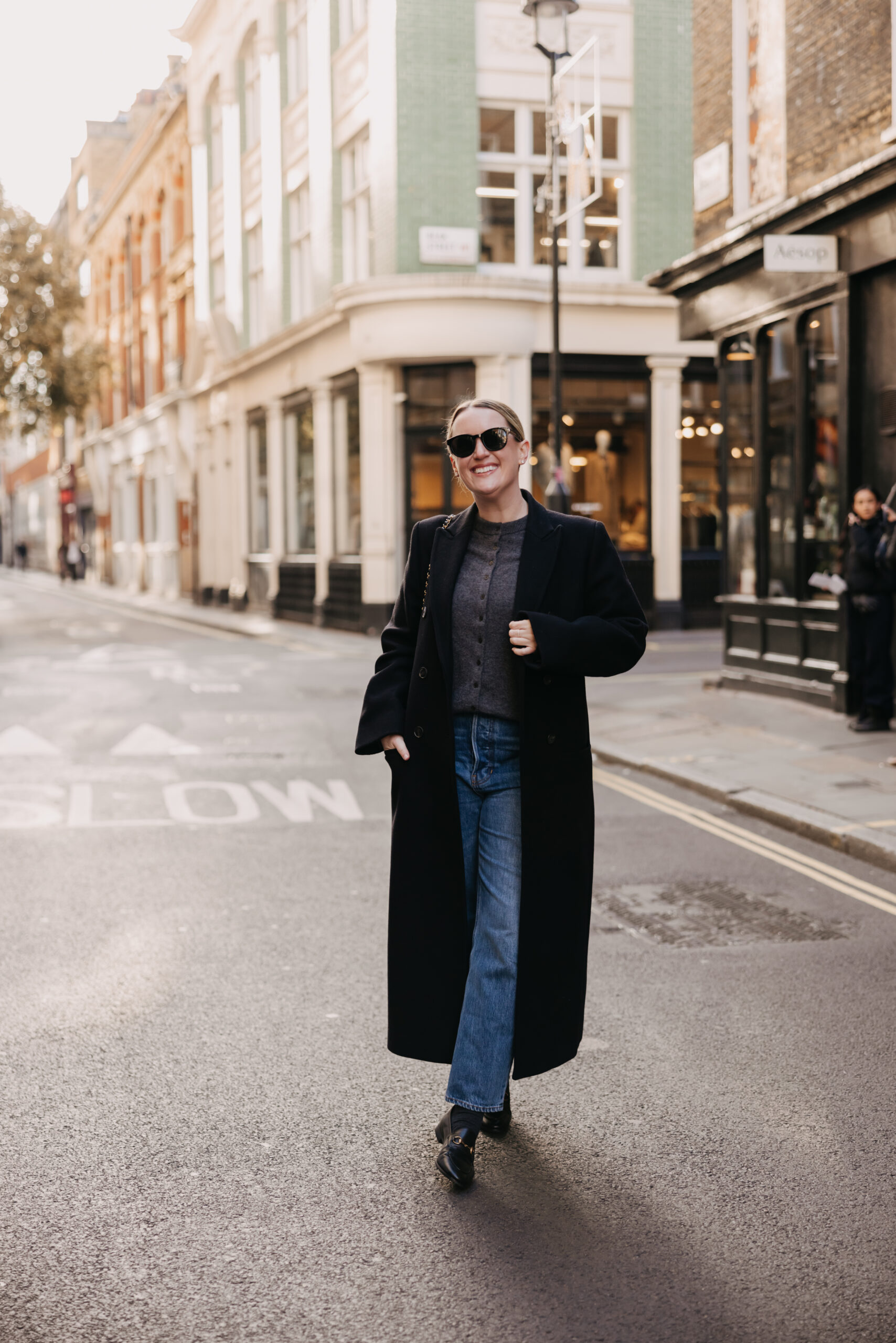 Gray cardigan with horsebit loafers