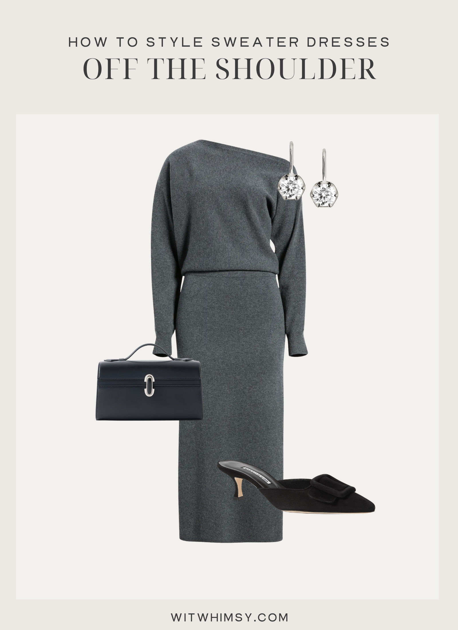 How To Style Sweater Dresses How To Style Sweater Dresses | Sweater dress off the shoulder charcoal grey open back mule heels