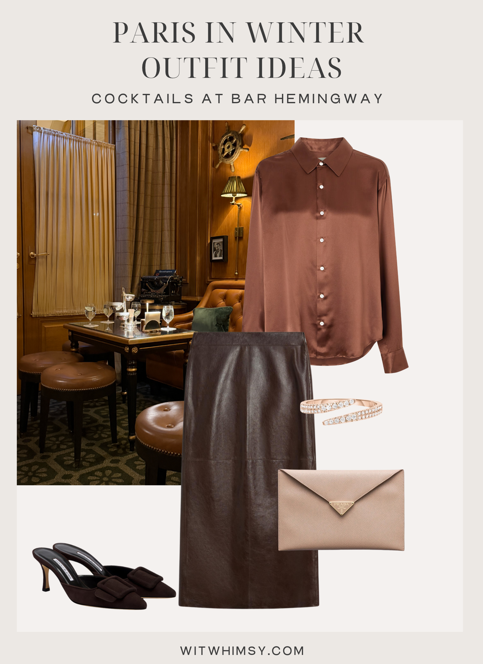 Brown leather skirt, silk shirt, mules, pocket clutch
