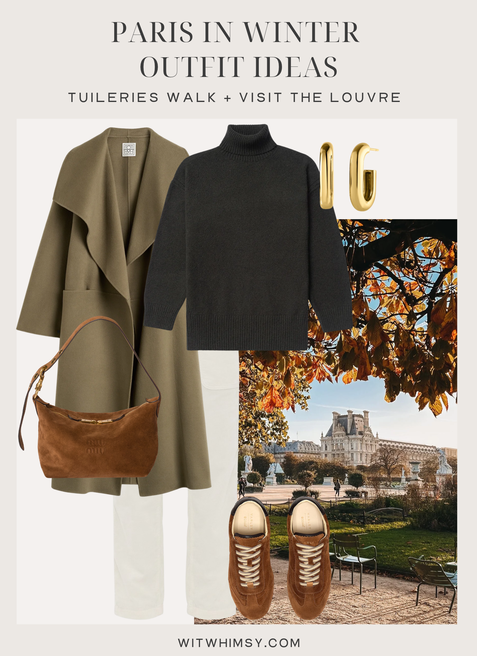 Turtleneck sweater with white cords, overcoat, and suede sneakers