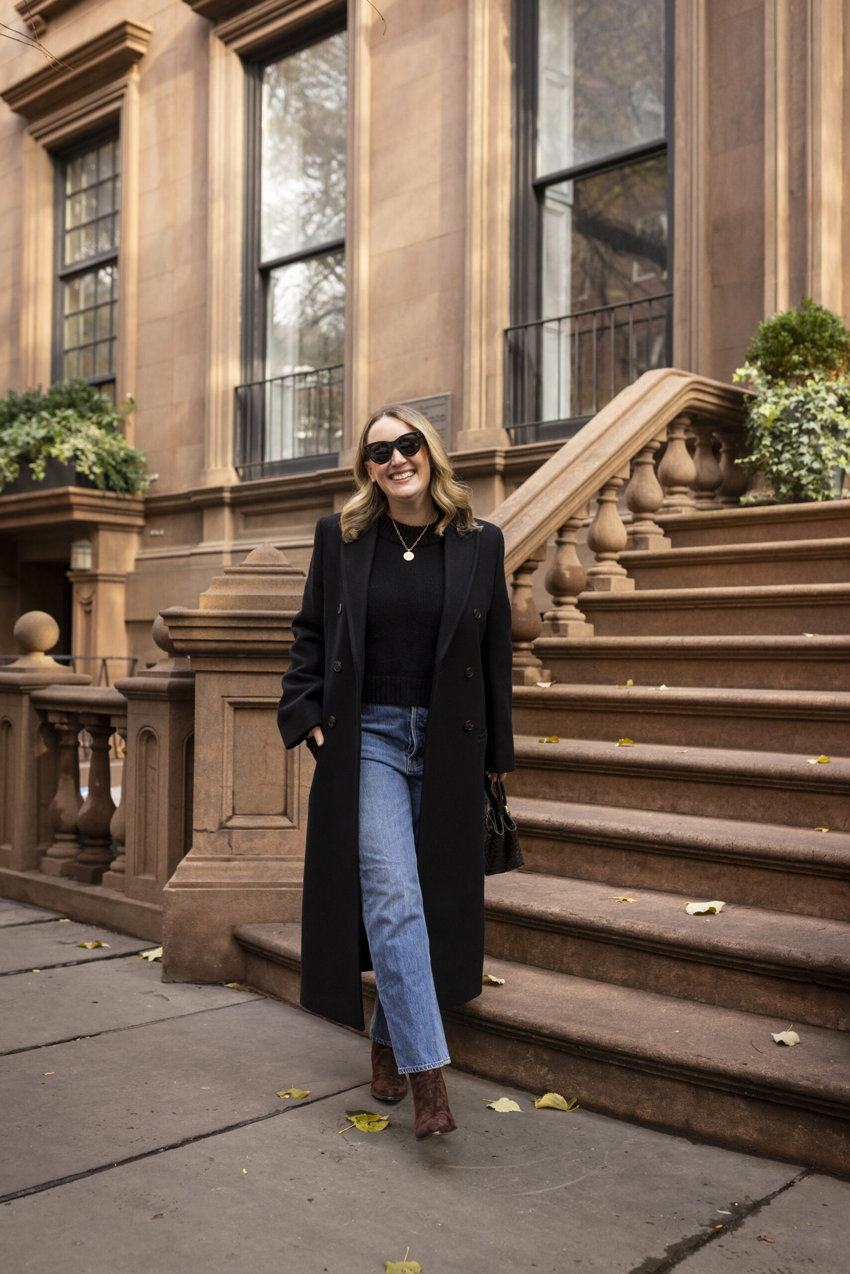 Overcoat with jeans and suede brown boots