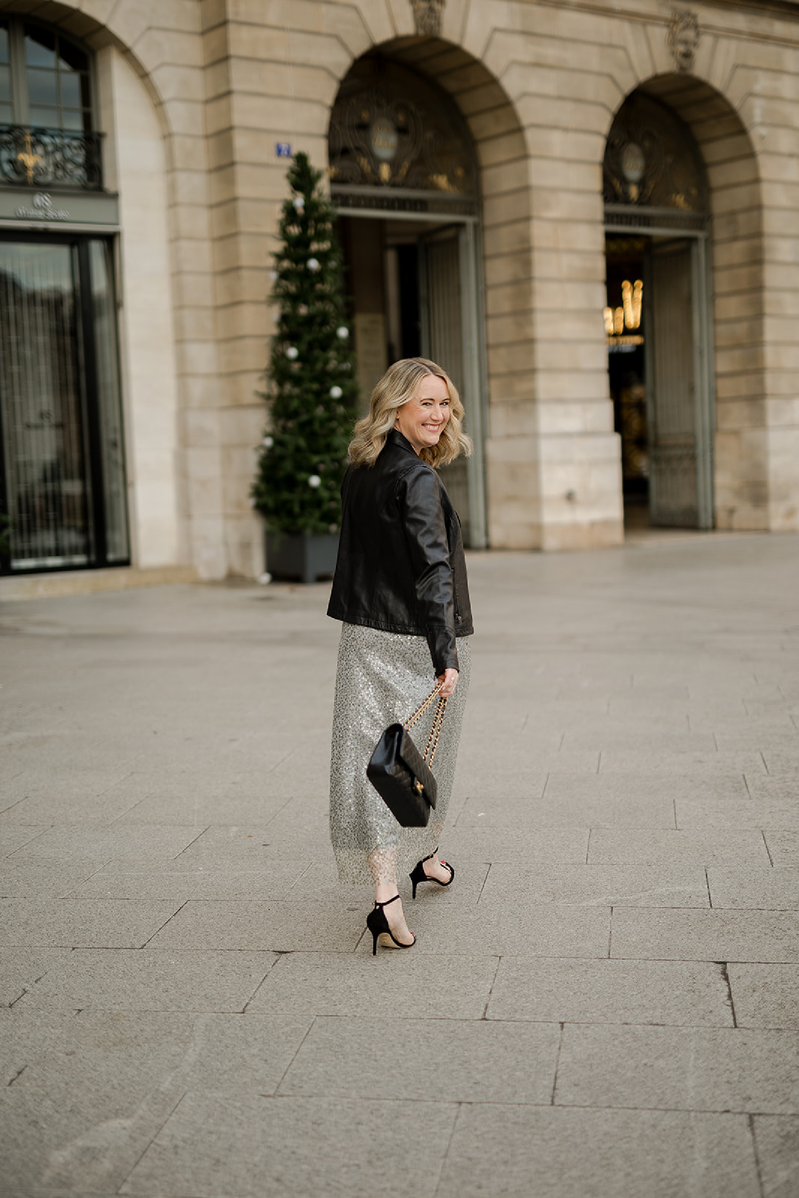 Sequin skirt and leather jacket