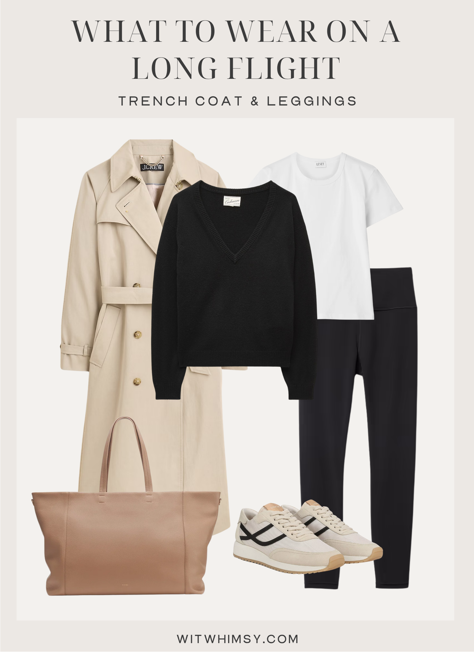 What to Wear on a Long Flight What to wear on a long flight outfit collage featuring a J.Crew trench coat, black cashmere V-neck sweater, white t-shirt, black leggings, tan tote bag, and cream sneakers
