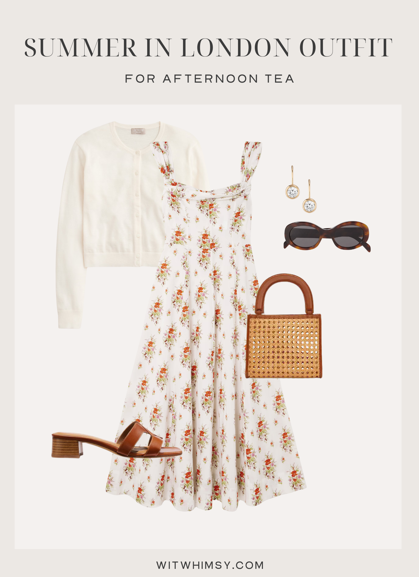 Floral midi dress and cardigan outfit collage for afternoon tea in London in summer.