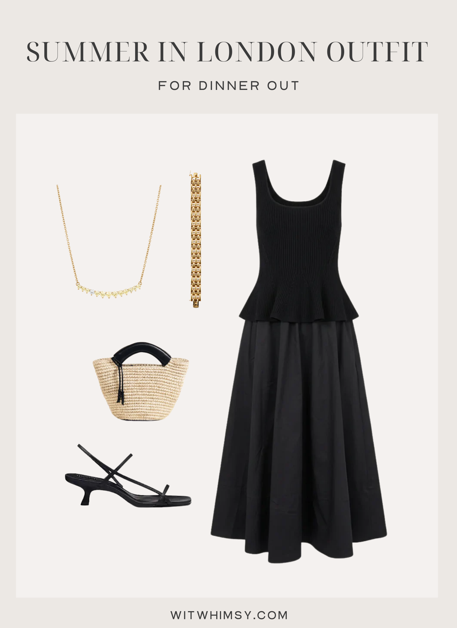 Black dress outfit collage for a chic London summer dinner with sandals, straw bag and gold jewelry.