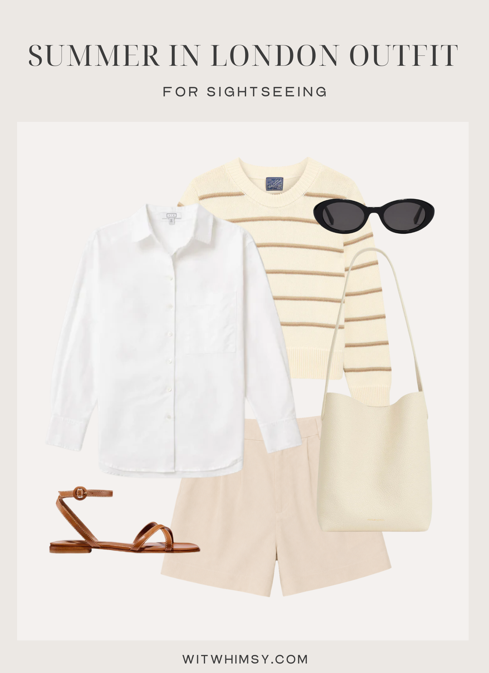 Neutral summer sightseeing outfit collage with shorts, button-down shirt and sandals for London.