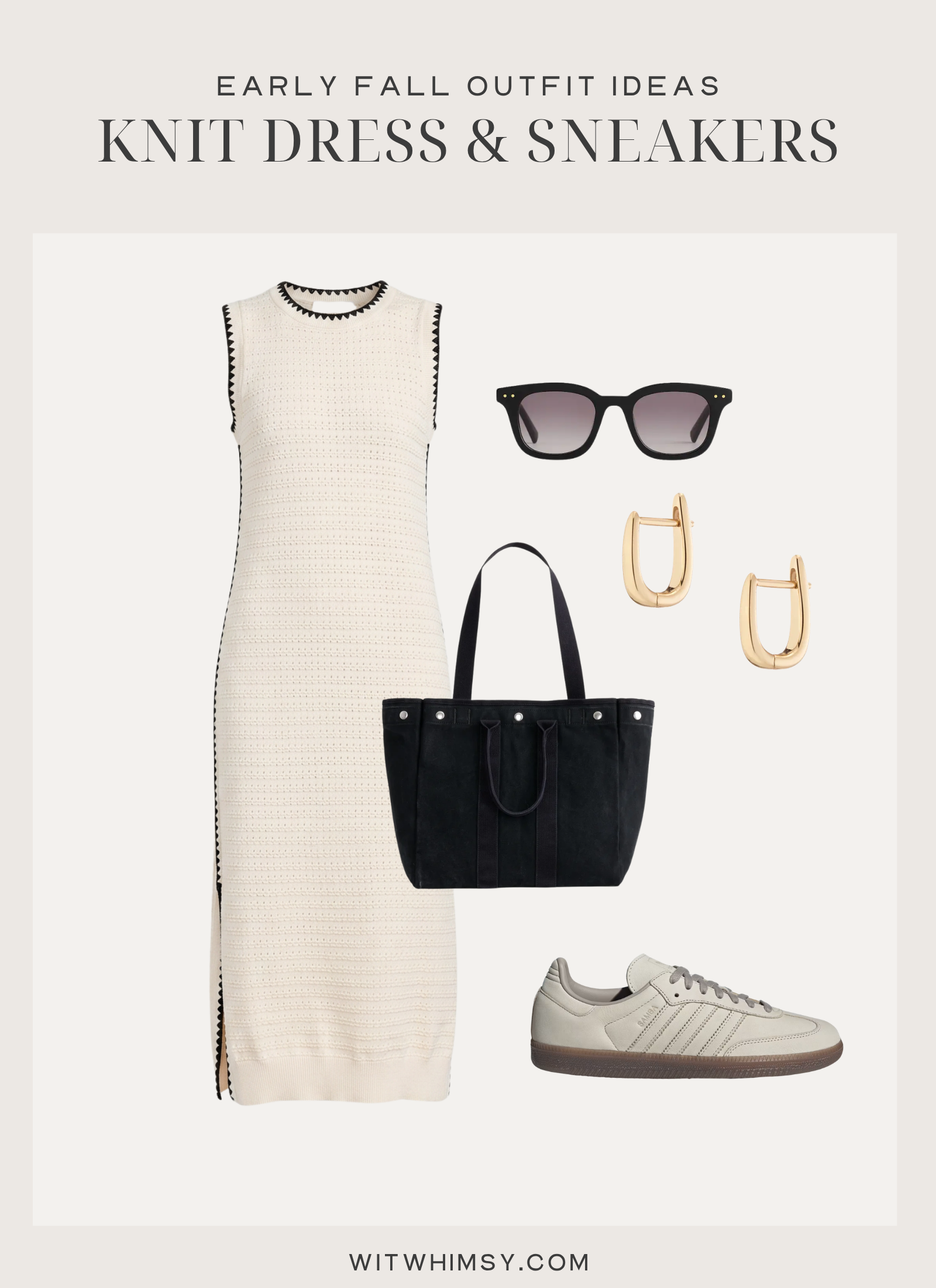 Affordable Transitional Fall Clothing Early fall outfit idea, knit dress, black canvas tote