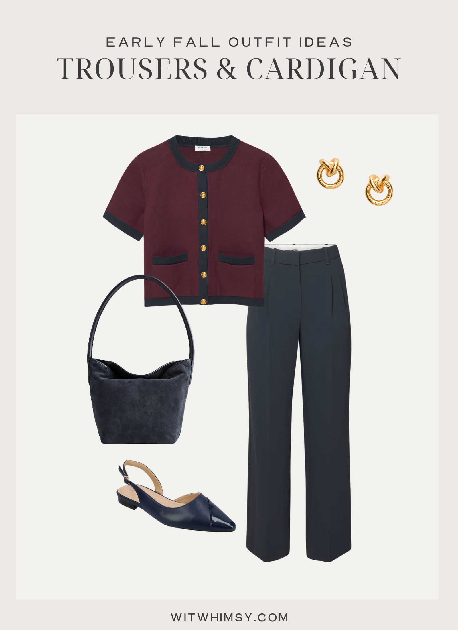 Affordable Transitional Fall Clothing Early fall outfit idea, burgundy short-sleeve cardigan, navy crepe pants
