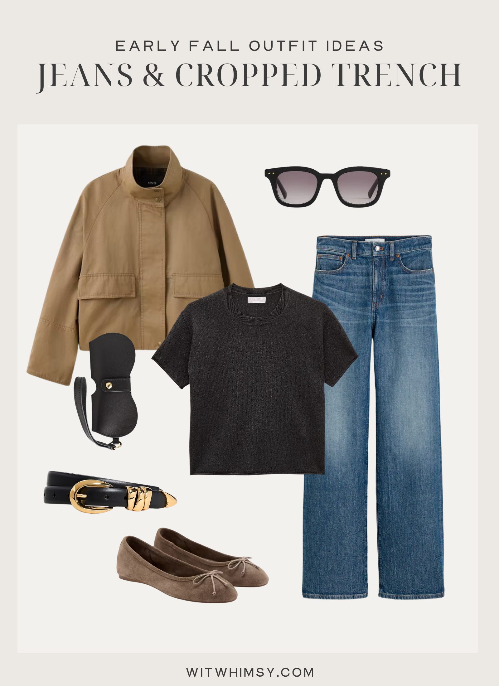 Affordable Transitional Fall Clothing Early fall outfit idea, wide-leg jeans, cropped funnel neck trench