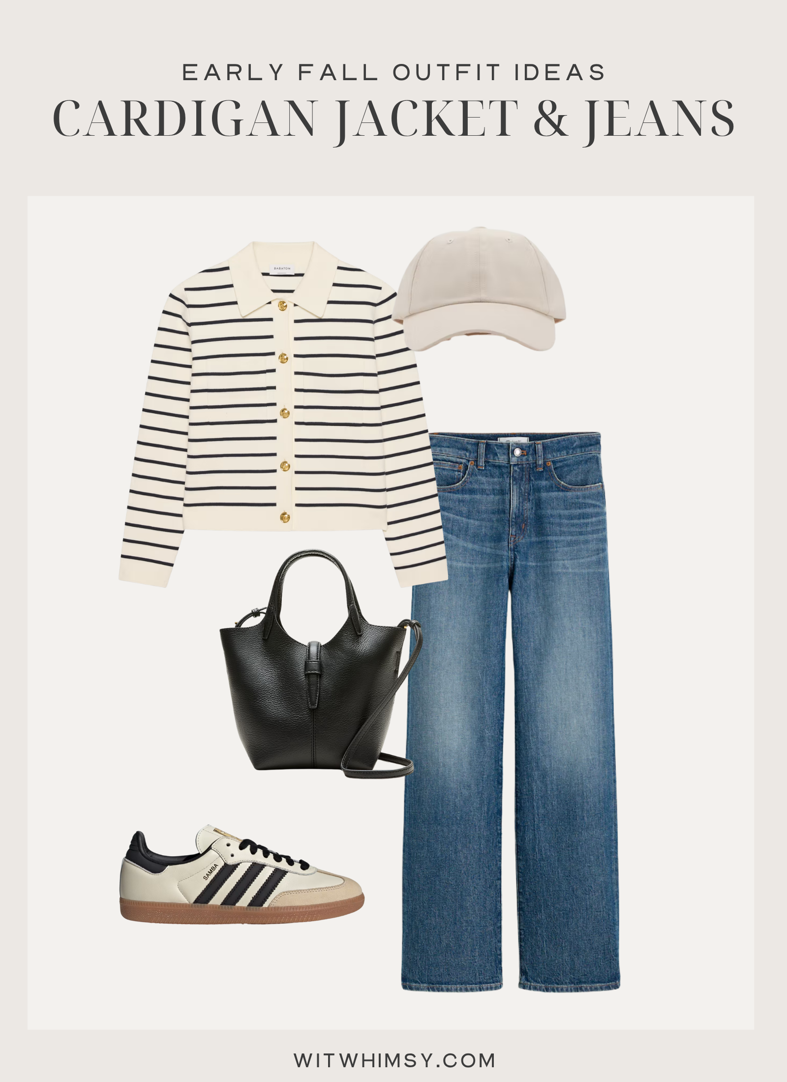 Affordable Transitional Fall Clothing Early fall outfit idea, striped cardigan jacket, black bucket bag