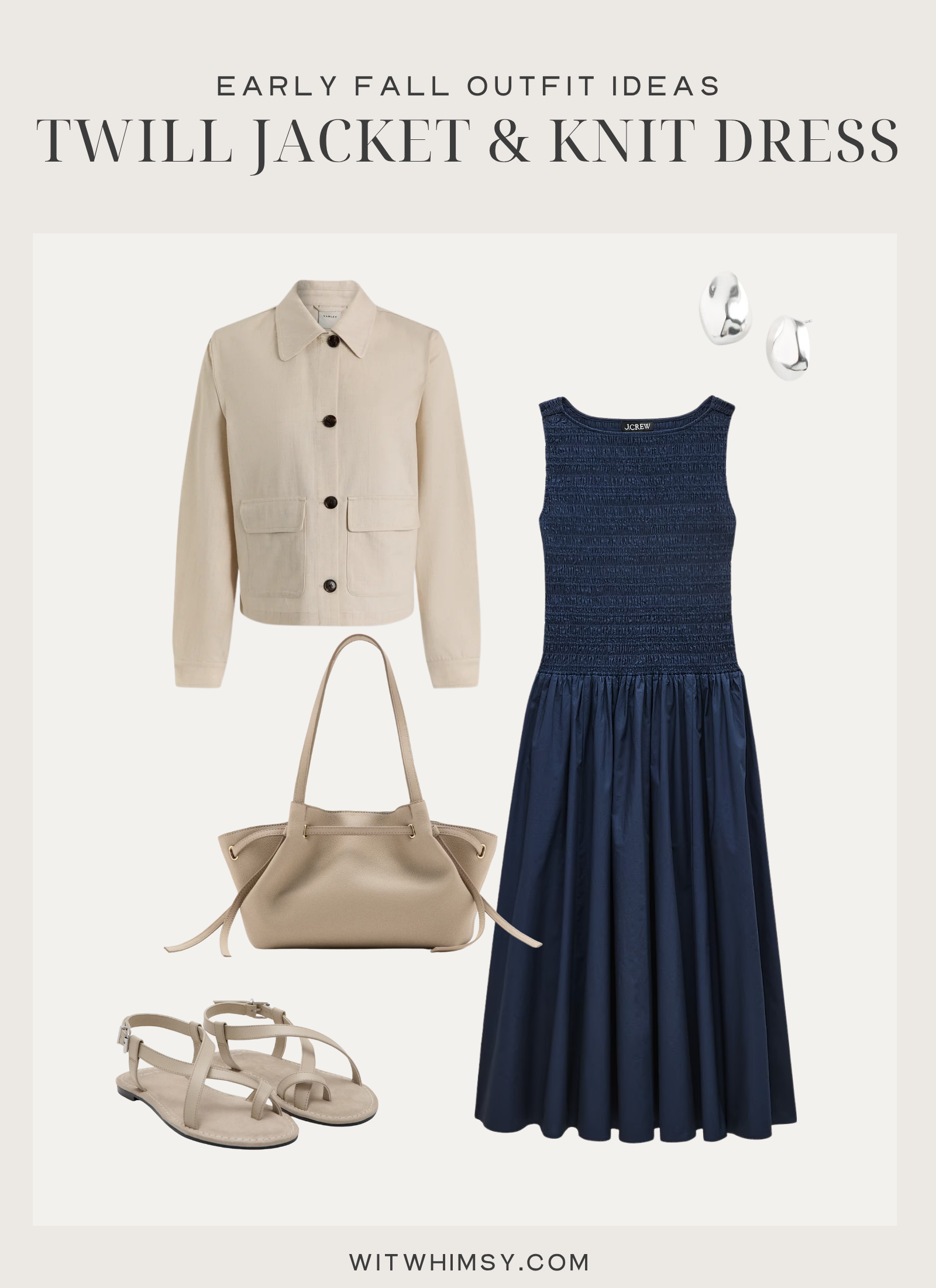 Affordable Transitional Fall Clothing Early fall outfit idea, knit midi dress, twill jacket | Affordable Transitional Fall Clothing